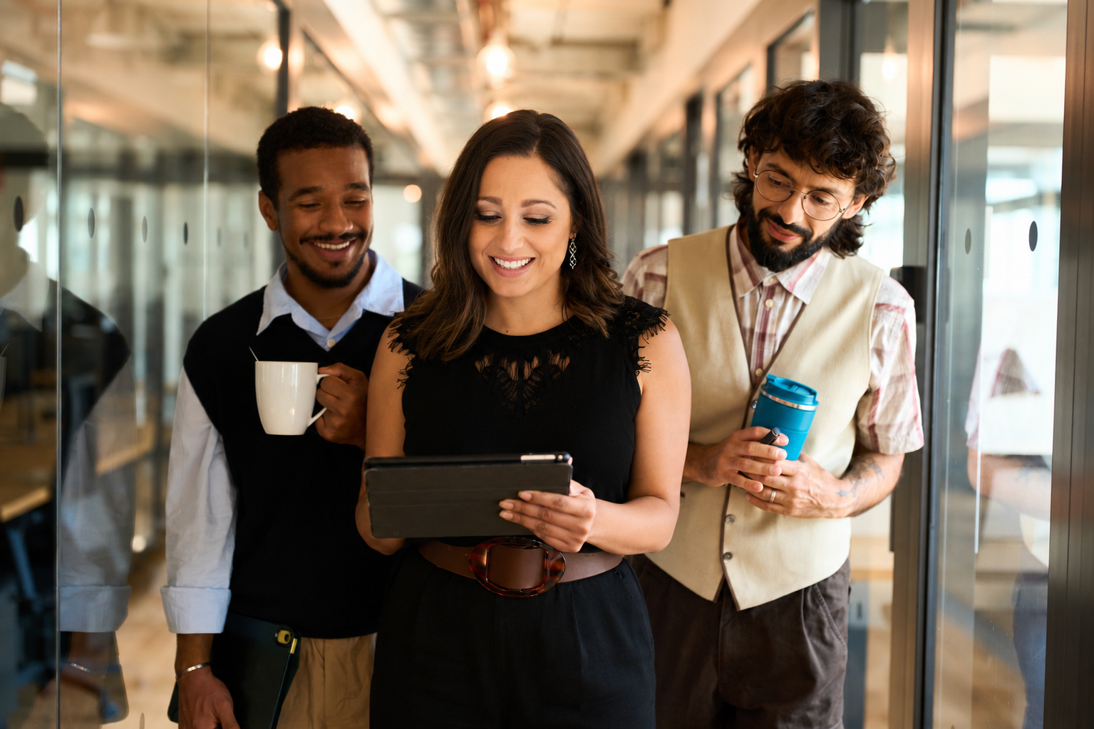 Diverse business colleagues collaborating with a digital tablet in office stock photo